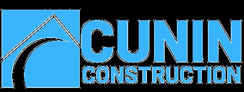Cunin Construction logo featuring blue background with house roof icon and company name